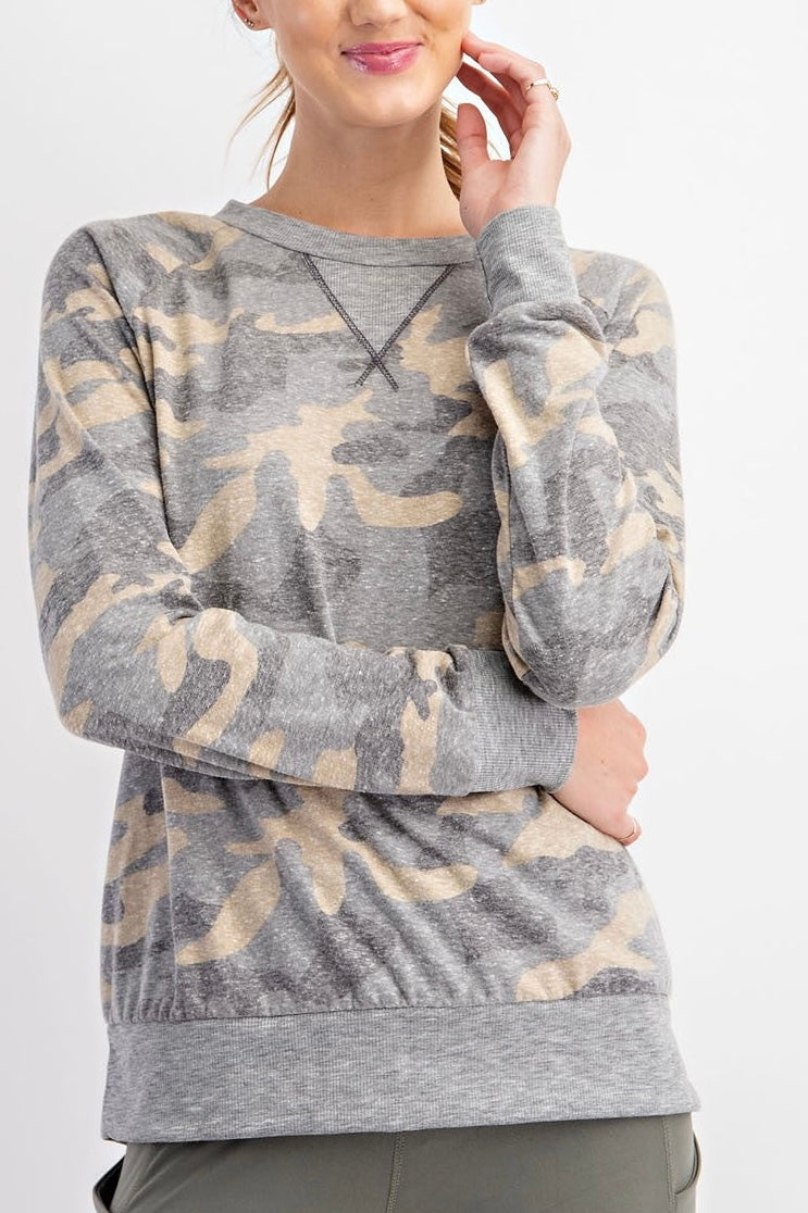 Camo Printed Round Neckline Long Sleeve Top