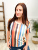 VERTICAL MULTI COLOR STRIPE PRINTED FRENCH TERRY SHORT SLEEVE TOP