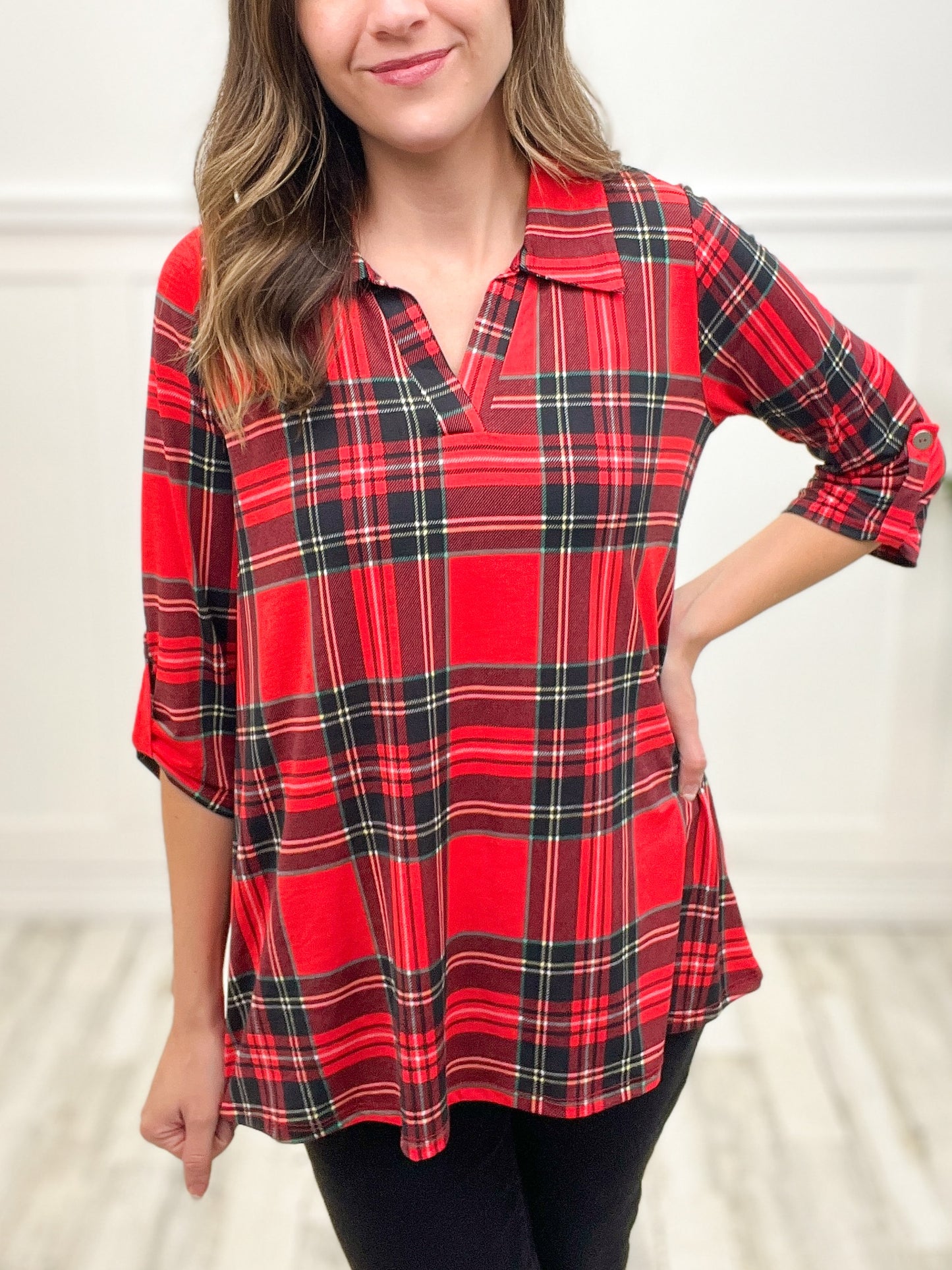 V-Neck Plaid 3/4 Sleeve Top