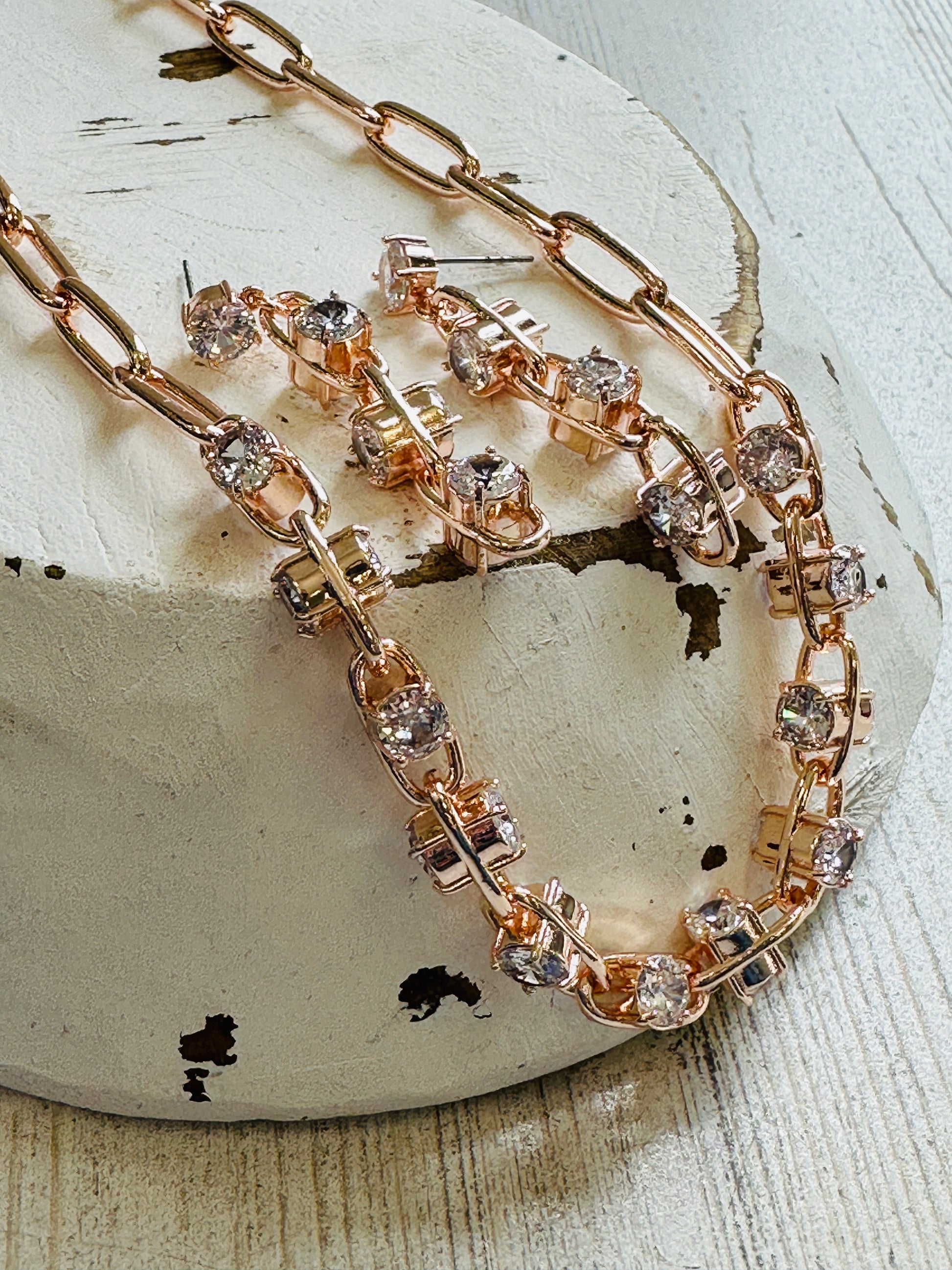 Rose Gold Paperclip CZ Earring + Necklace Set