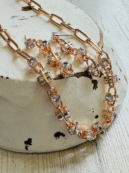 Rose Gold Paperclip CZ Earring + Necklace Set