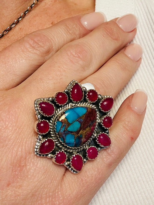 Fuchsia & Turq Multi Stone Navajo Adjustable Ring