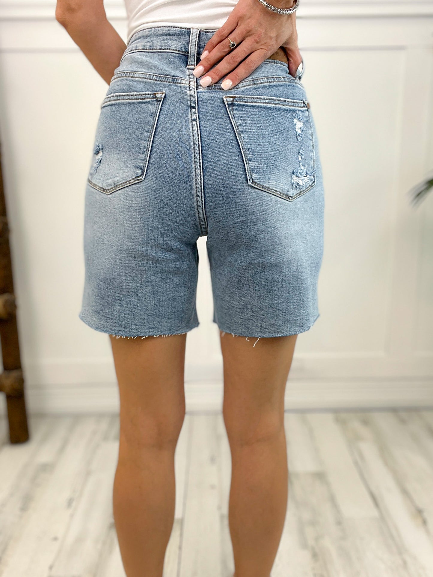 Judy Blue High Waisted Mid Length Denim Patch Shorts