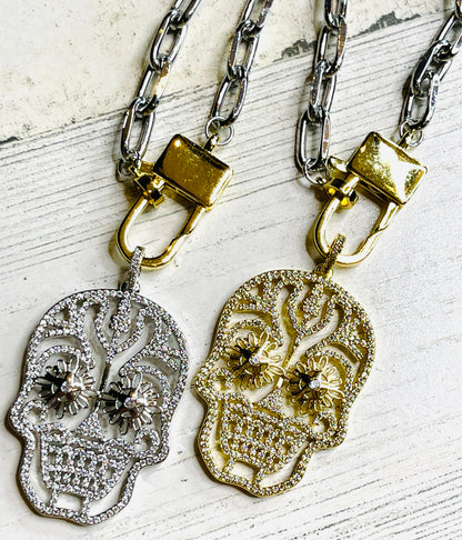 Sugar Skull Paperclip Chain Fall Necklace