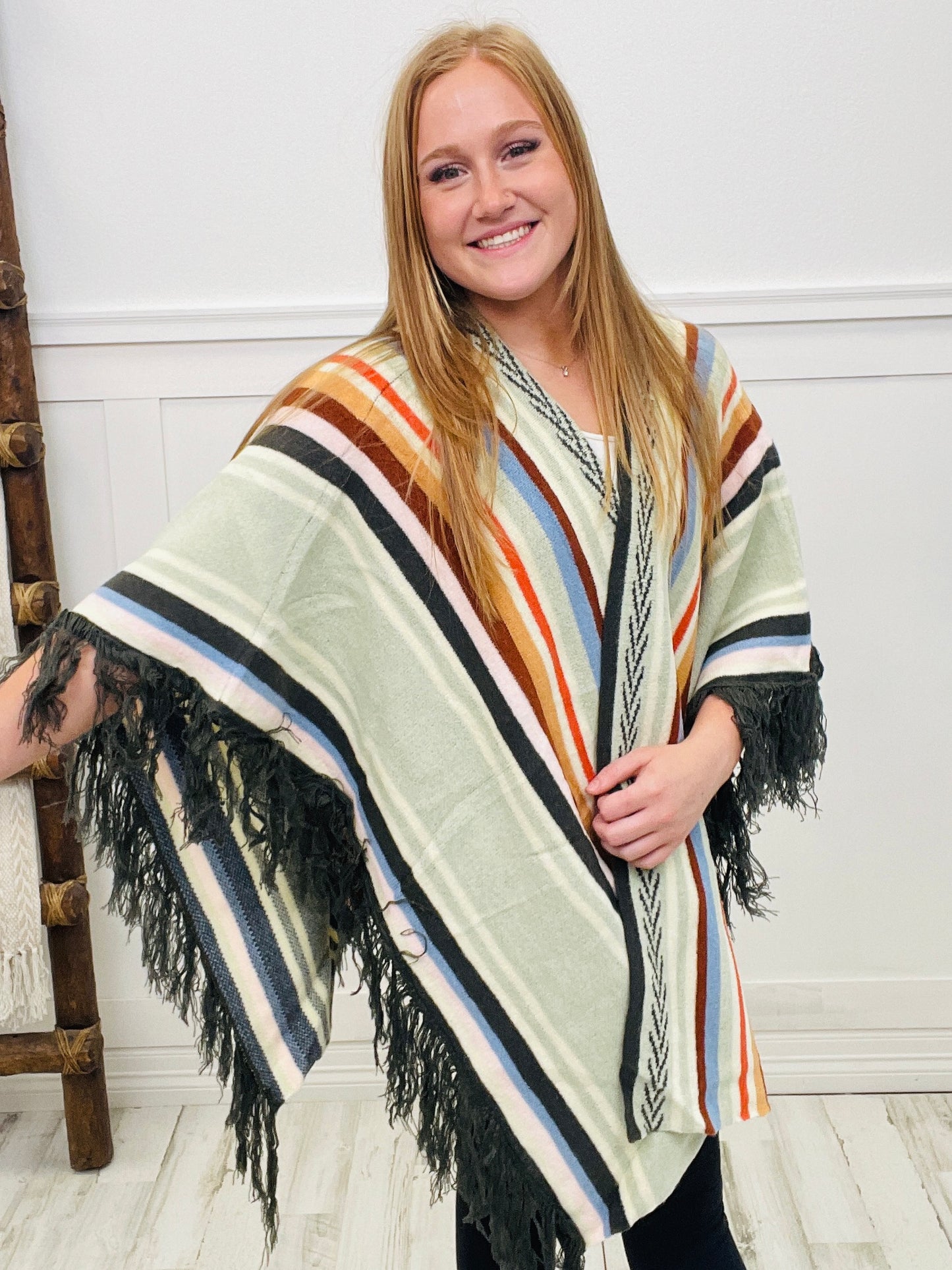 Colorful Serape Print Ruana with Tassel Trim