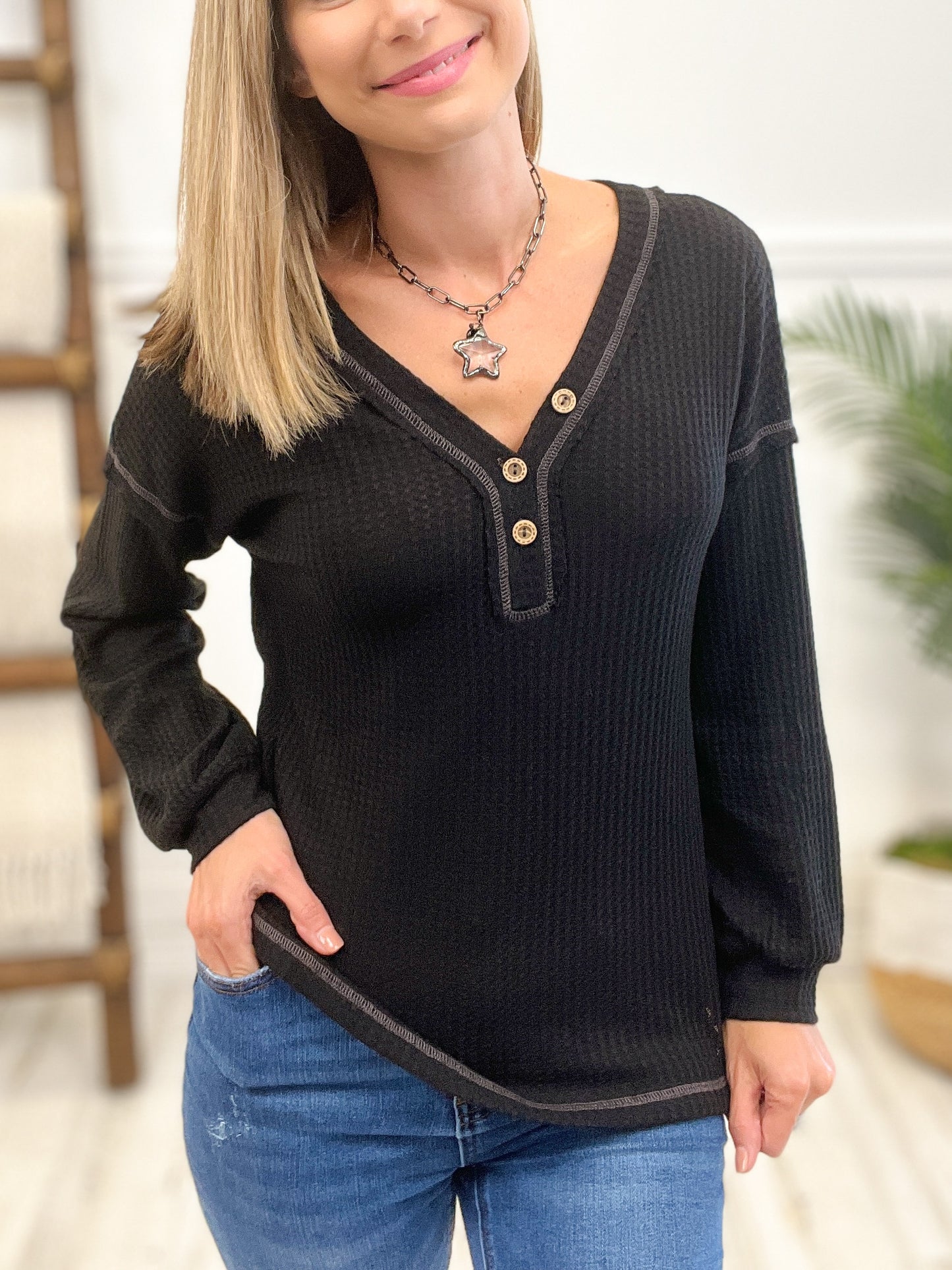 Brushed Knit Waffle Solid Top with V-Neckline