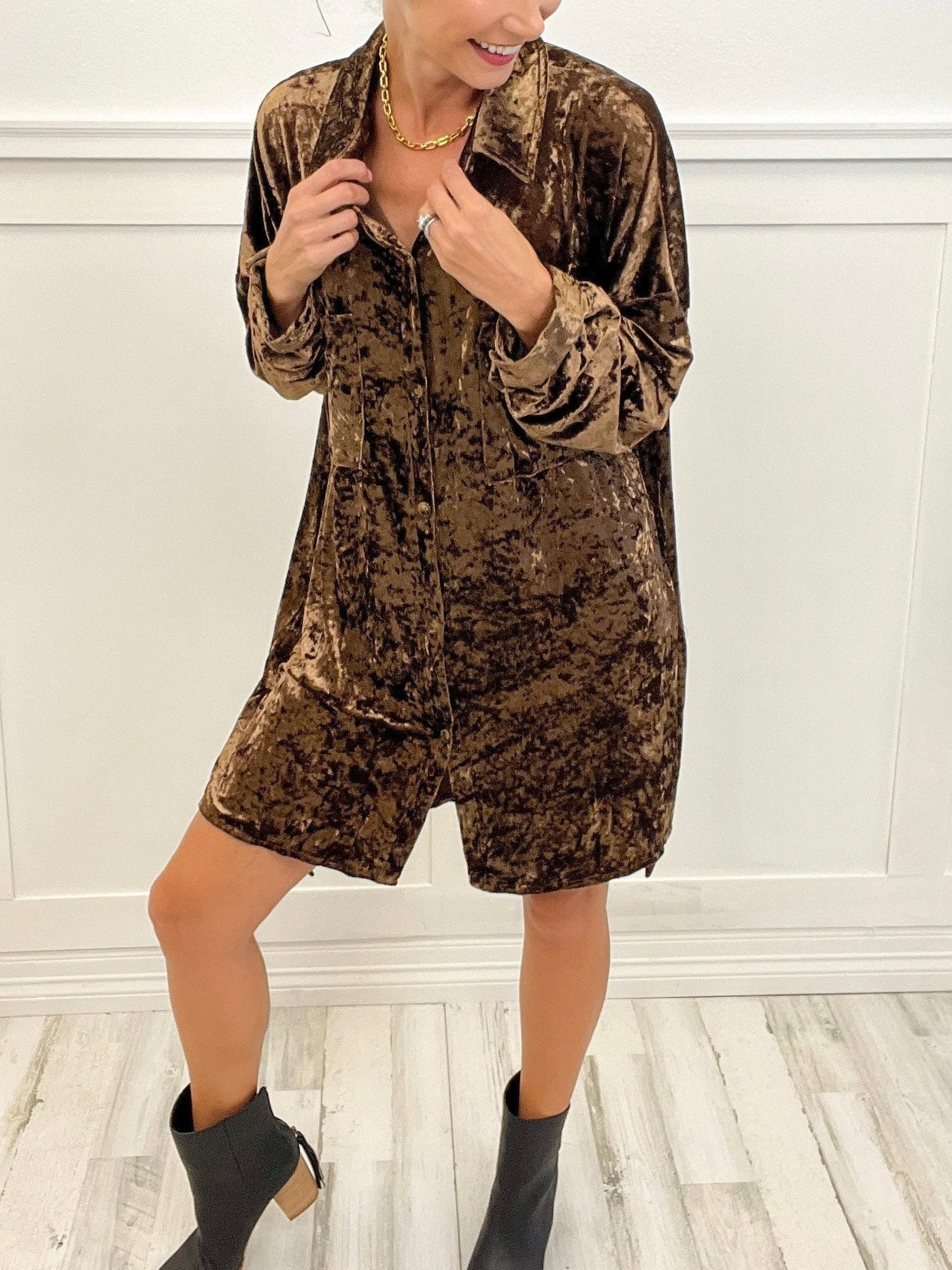 CRUSHED VELVET SHIRT DRESS