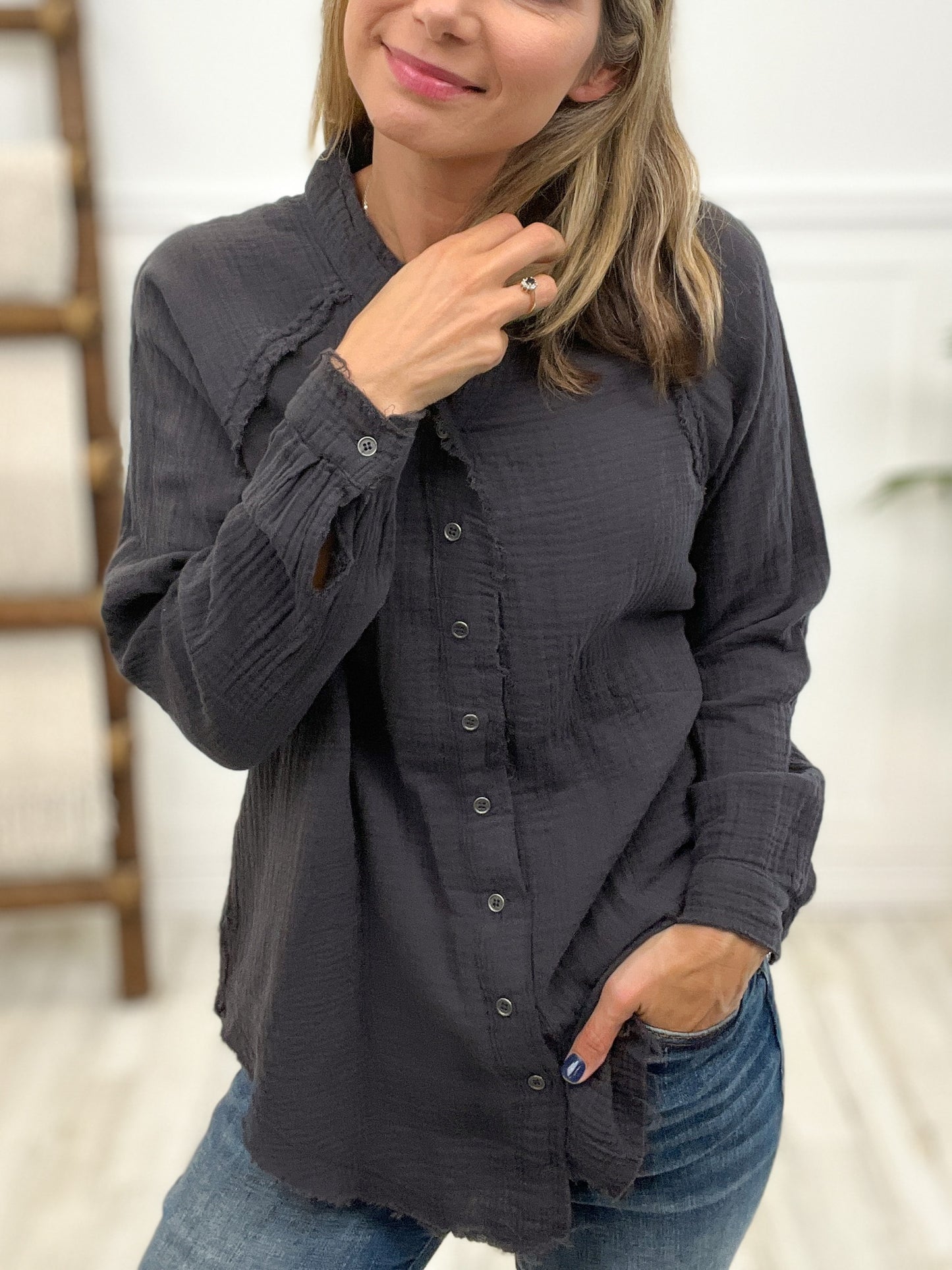 BUTTON DOWN RAW EDGE SHIRT