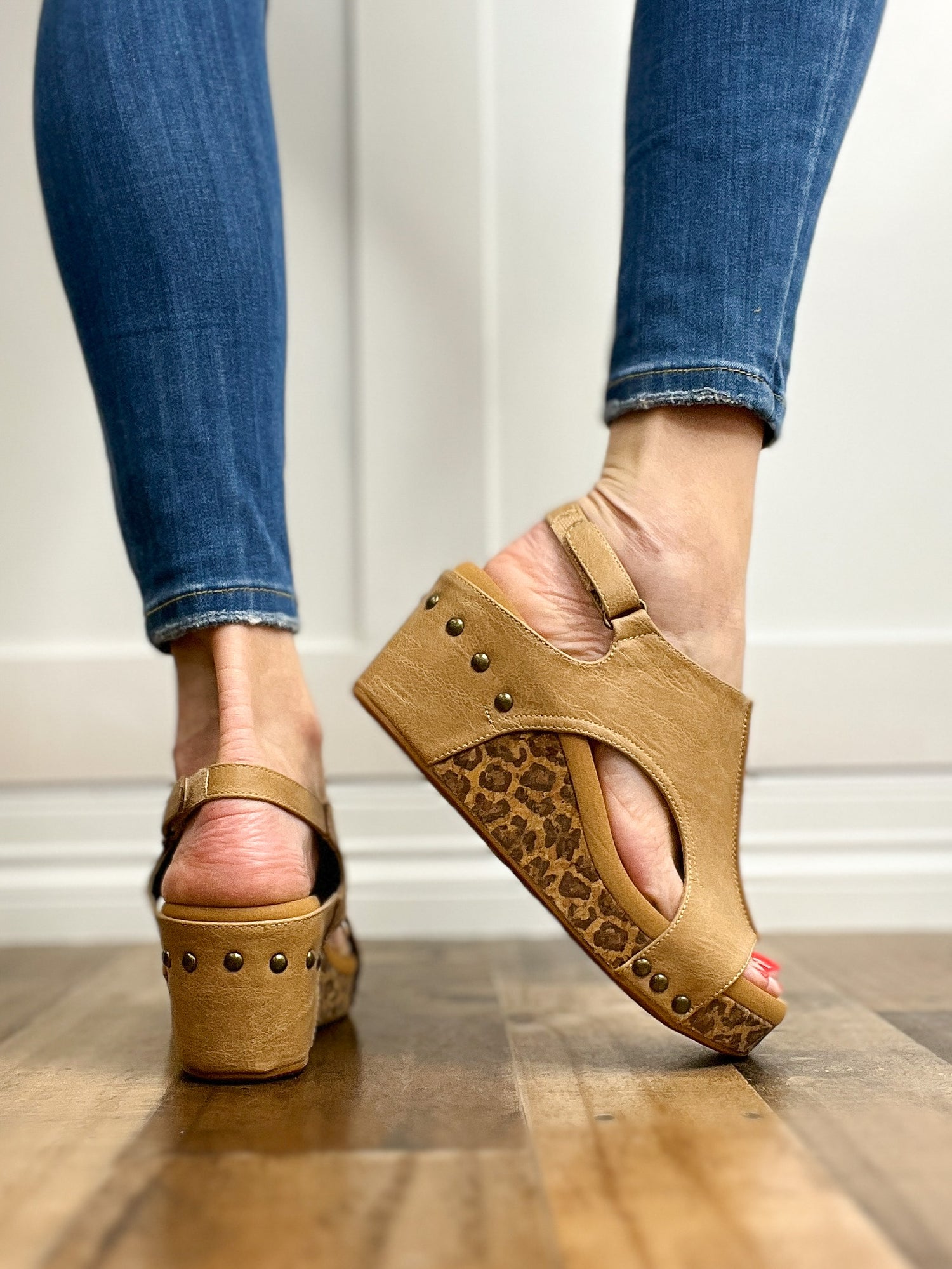 Corkys Carley Wedge Shoes in Taupe Smooth Leopard