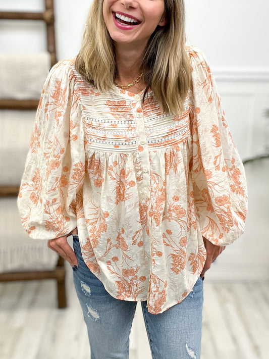 Woven Floral Print Button Down Long Sleeve Top