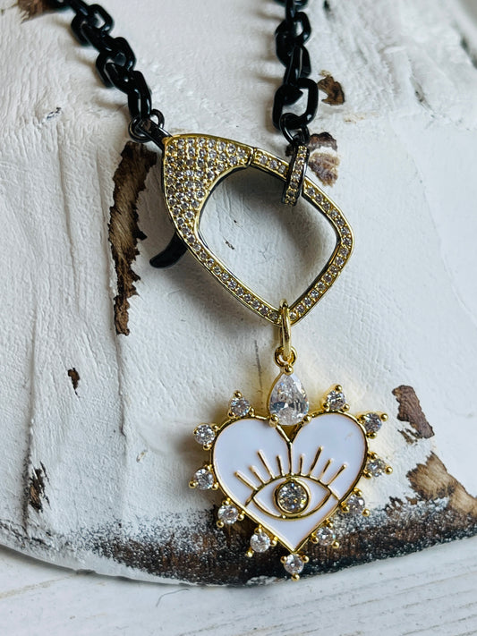 Enamel Paperclip Chain with Evil Eye Heart Necklace