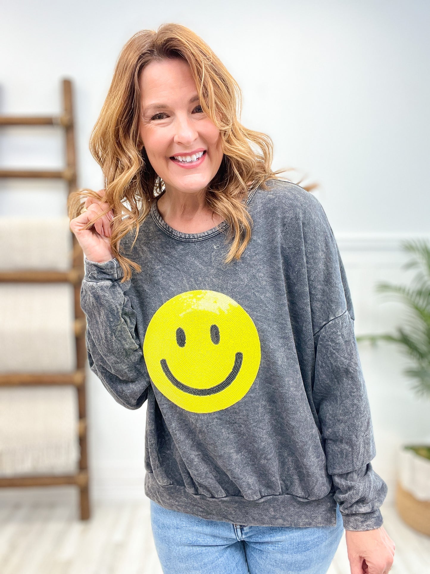 Washed sequin Smiley Face Top