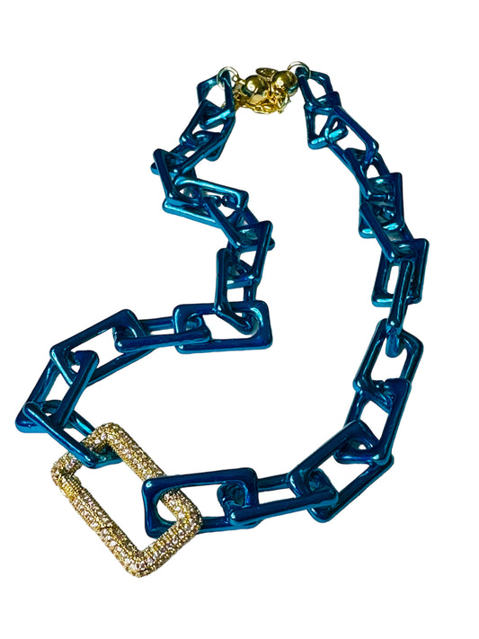 Metallic Blue Link with Carabiner Necklace