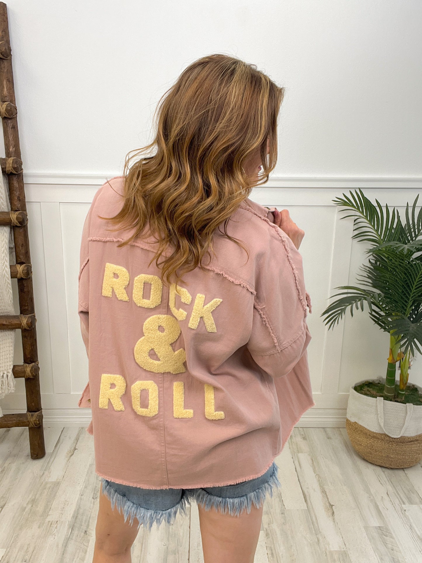 Long Sleeve Button Down Shacket with Rock & Roll On Back