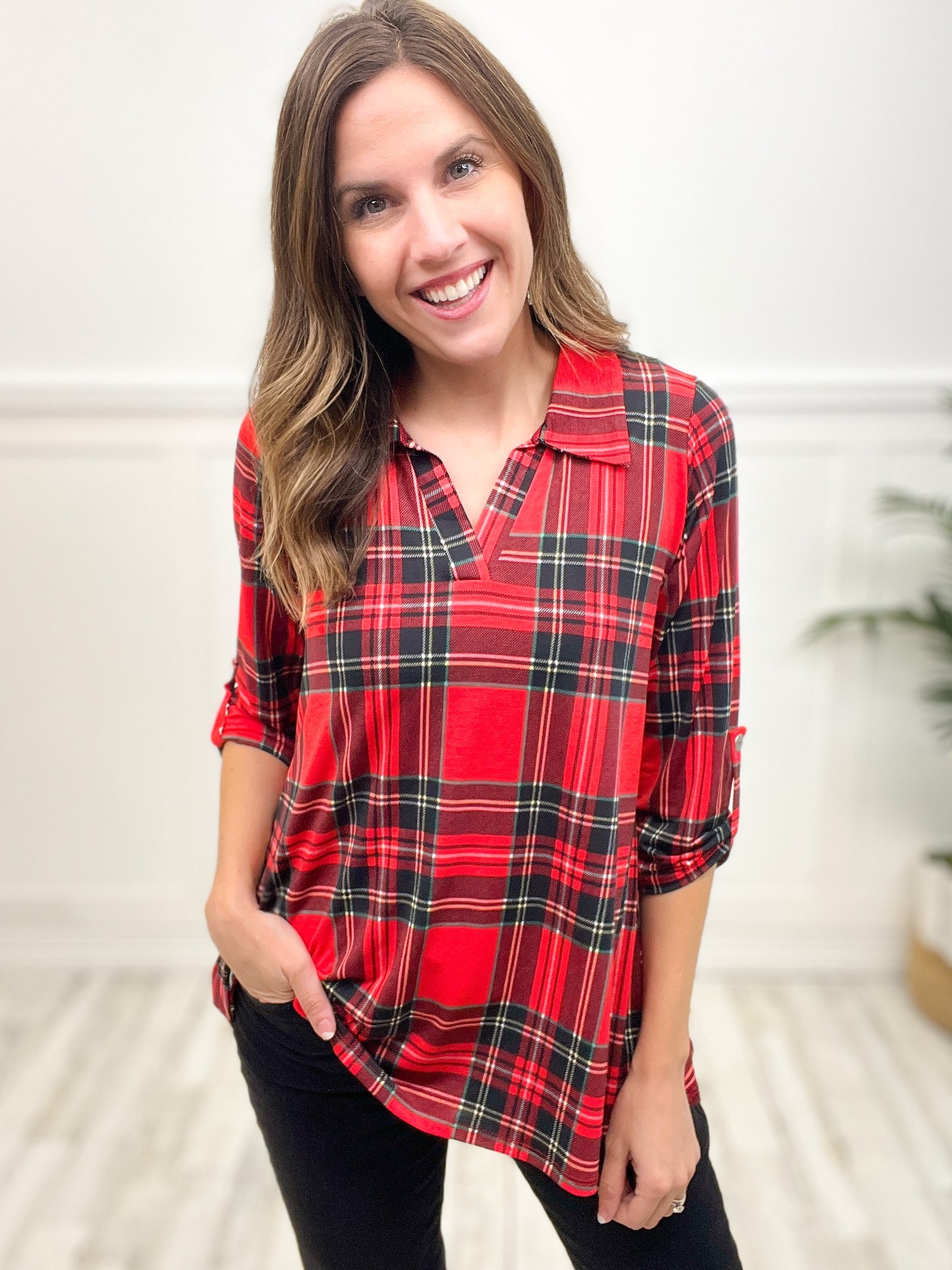 V-Neck Plaid 3/4 Sleeve Top