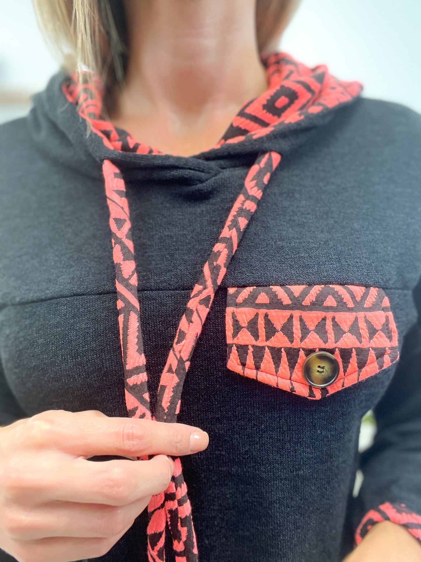 Solid Terry Hooded Top with Neon Aztec Print Accents