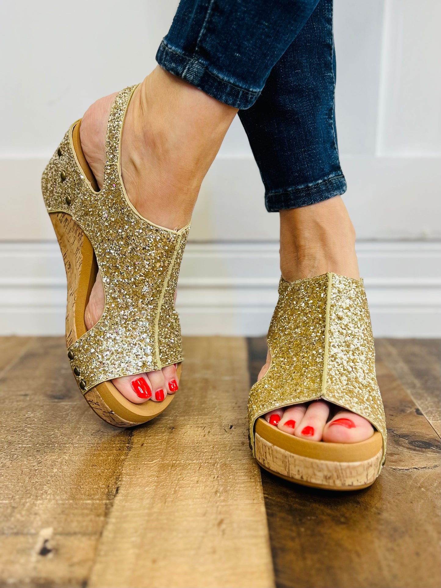 Corkys Carley Wedge Shoes in Glitter Sandal