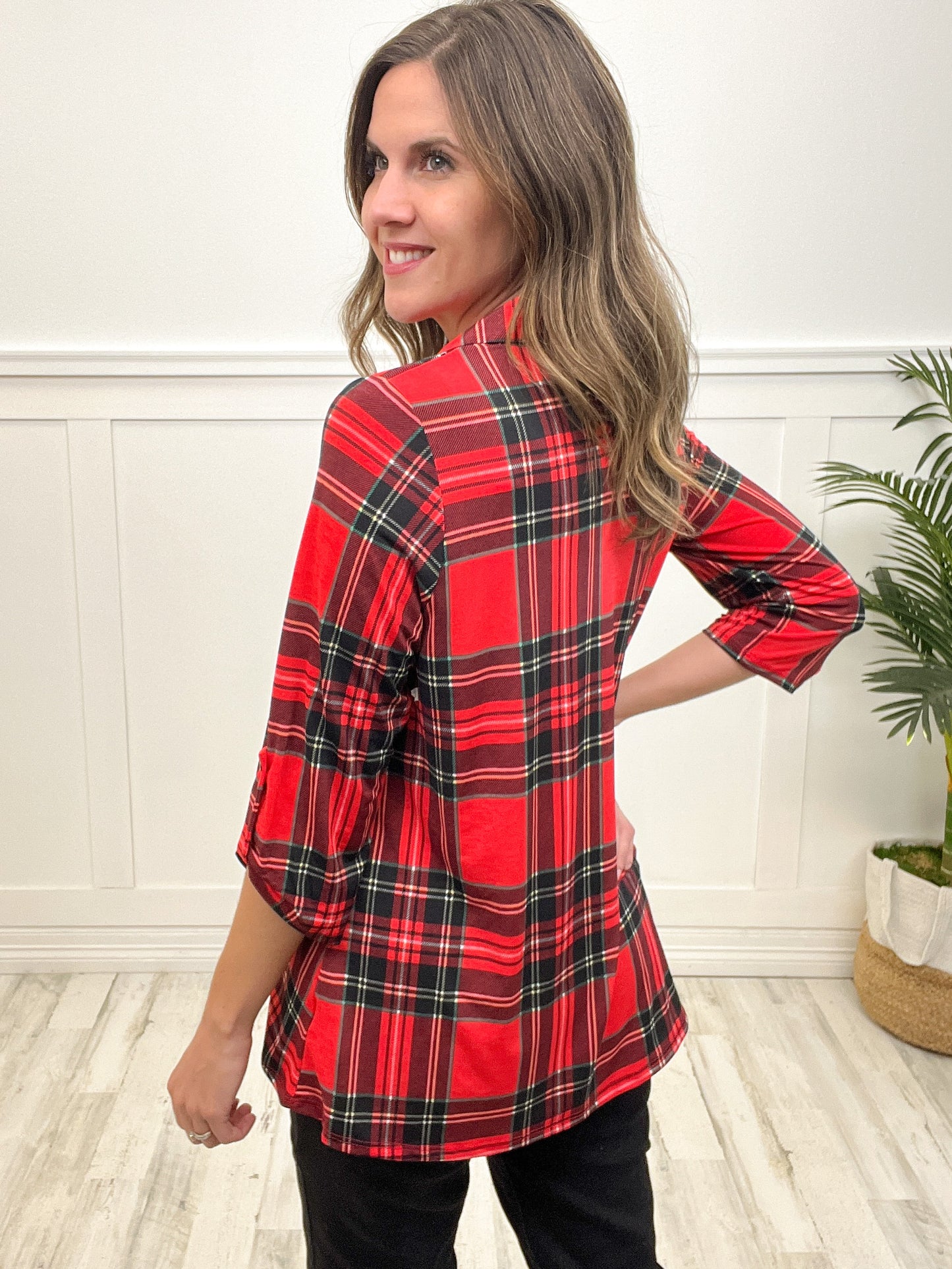 V-Neck Plaid 3/4 Sleeve Top