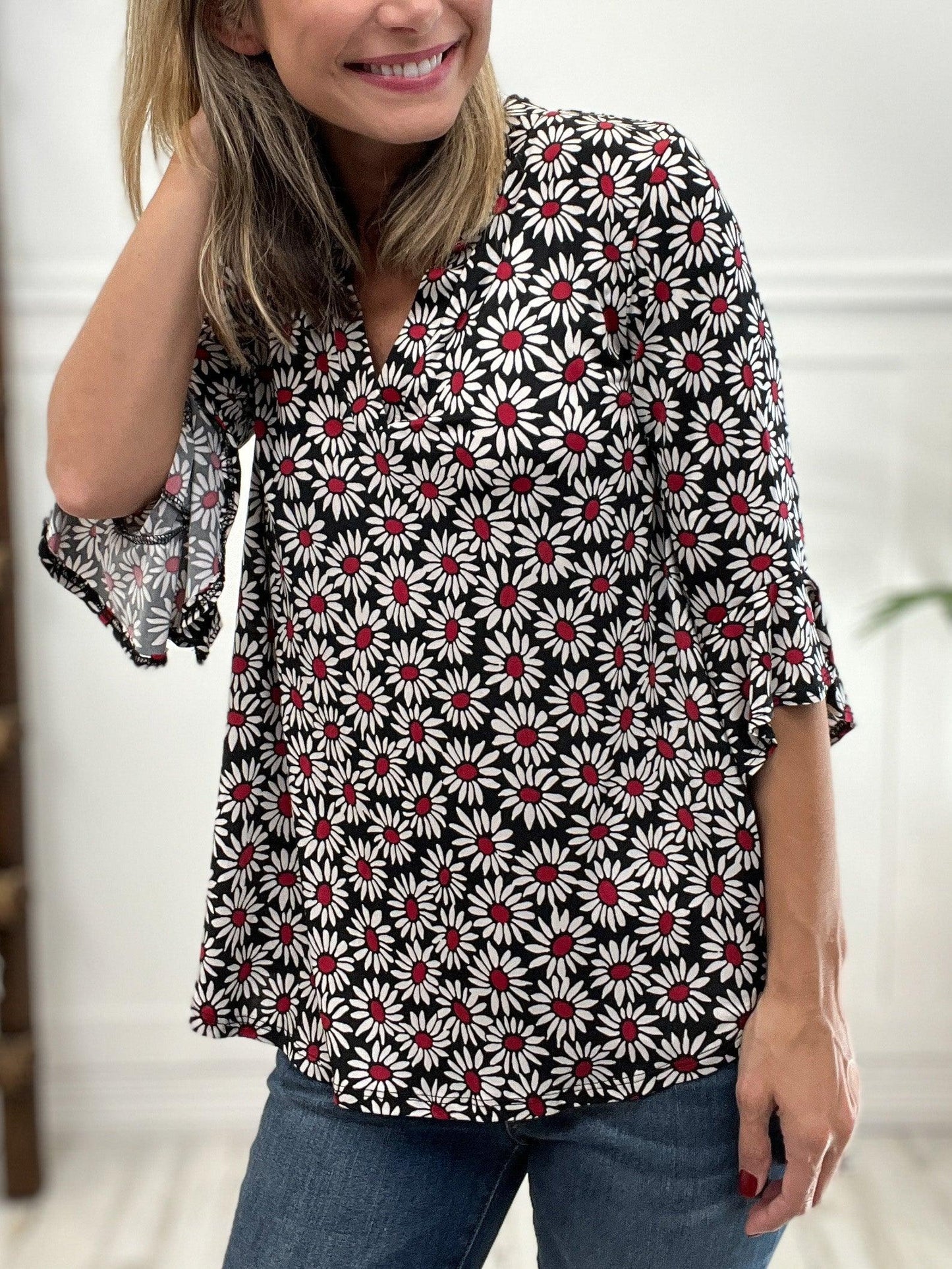 3 QUARTER SLEEVE FLORAL PRINT TOP - Honeyme - Emma Lou's Boutique