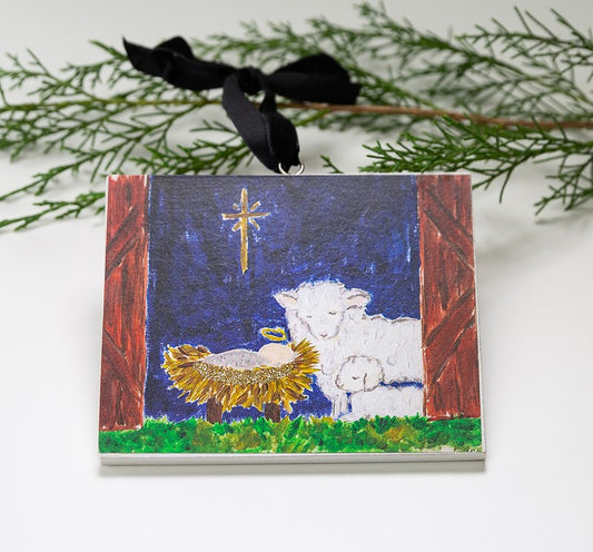 5x3" Wood Ornament, Manger with Lamb ©Tawnya Norton