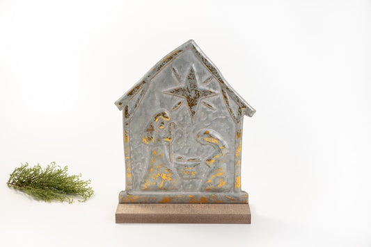 12.5" Stamped Metal Table Décor, Holy Family in Creche