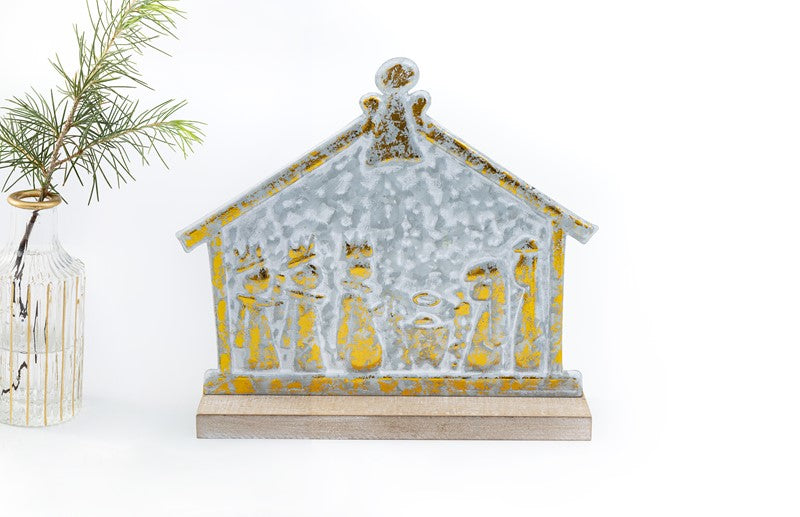 12 x 11" Stamped Metal Nativity Table Décor