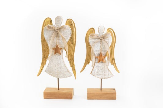 Wood Angel with Metal Wings on Base