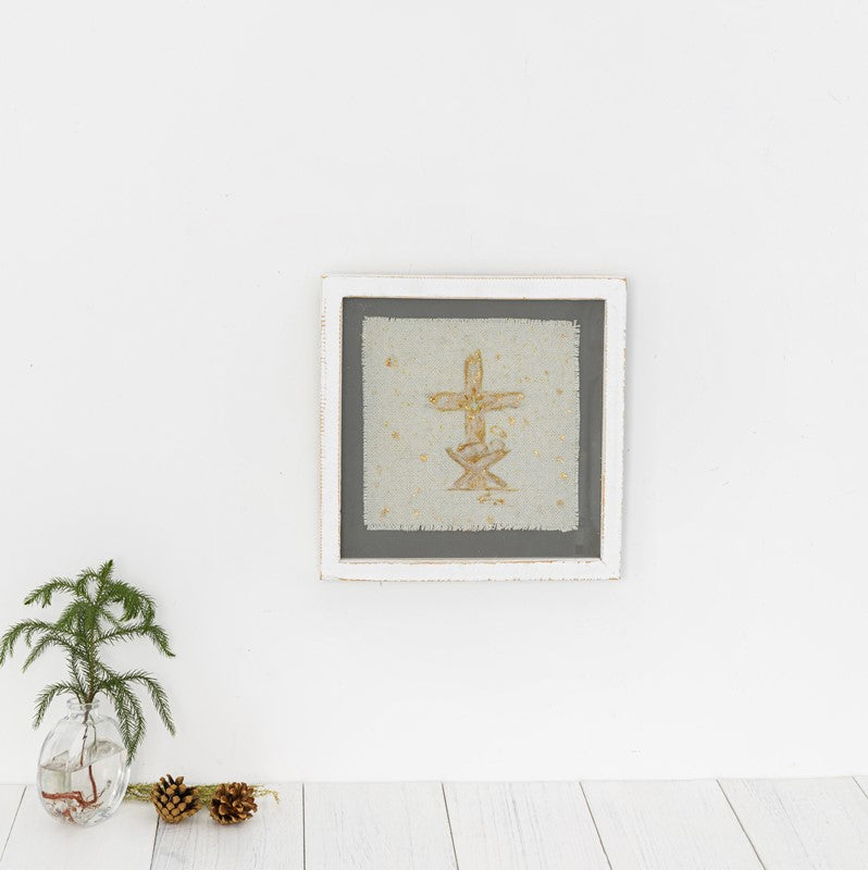 10x10" Printed Fabric with Glass, Manger/Cross, Gold ©Tawnya Norton