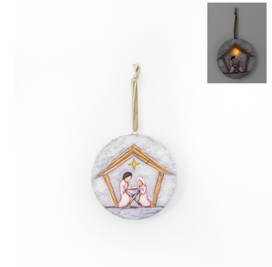 5" Round Canvas Ornament, Pink Nativity, LED ©Savannah McClain